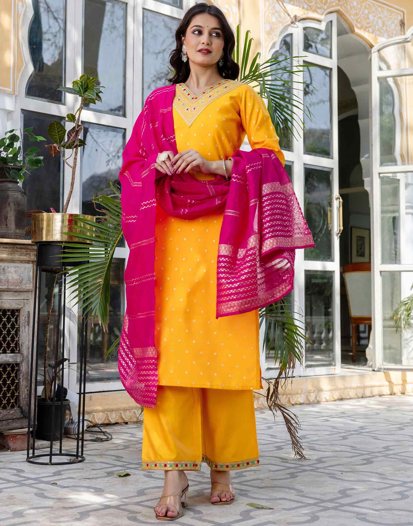 Silk Blend Embroidery and Sequins Work, Weaving, Lace Straight Kurta with Pant & Dupatta
