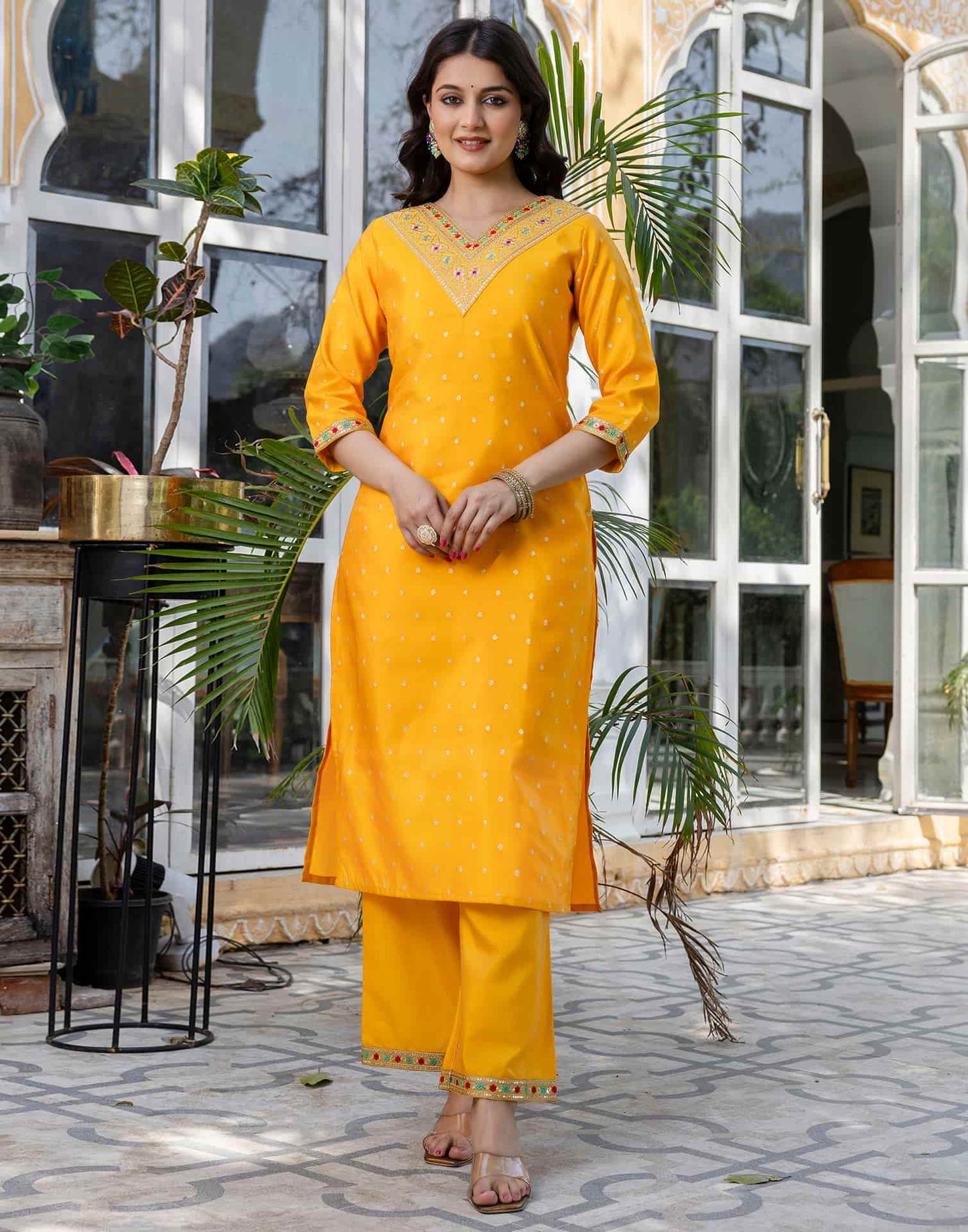 Silk Blend Embroidery and Sequins Work, Weaving, Lace Straight Kurta with Pant & Dupatta