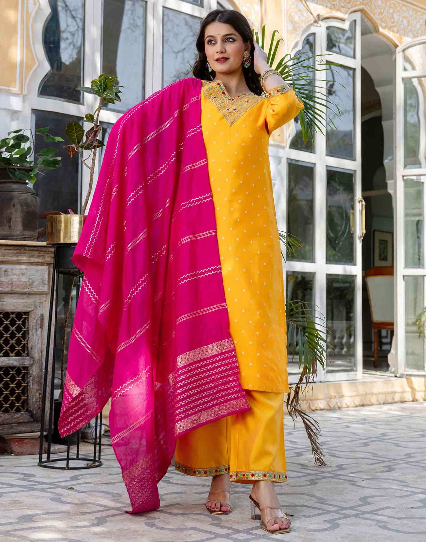 Silk Blend Embroidery and Sequins Work, Weaving, Lace Straight Kurta with Pant & Dupatta