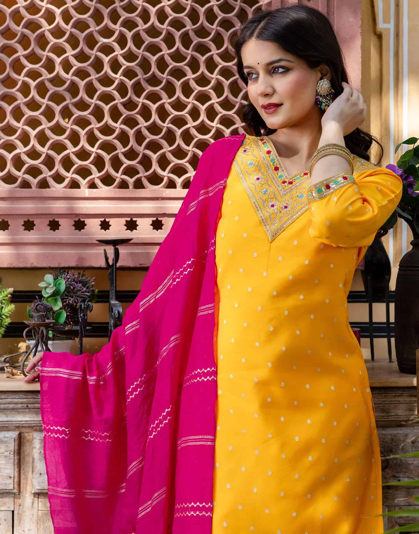 Silk Blend Embroidery and Sequins Work, Weaving, Lace Straight Kurta with Pant & Dupatta