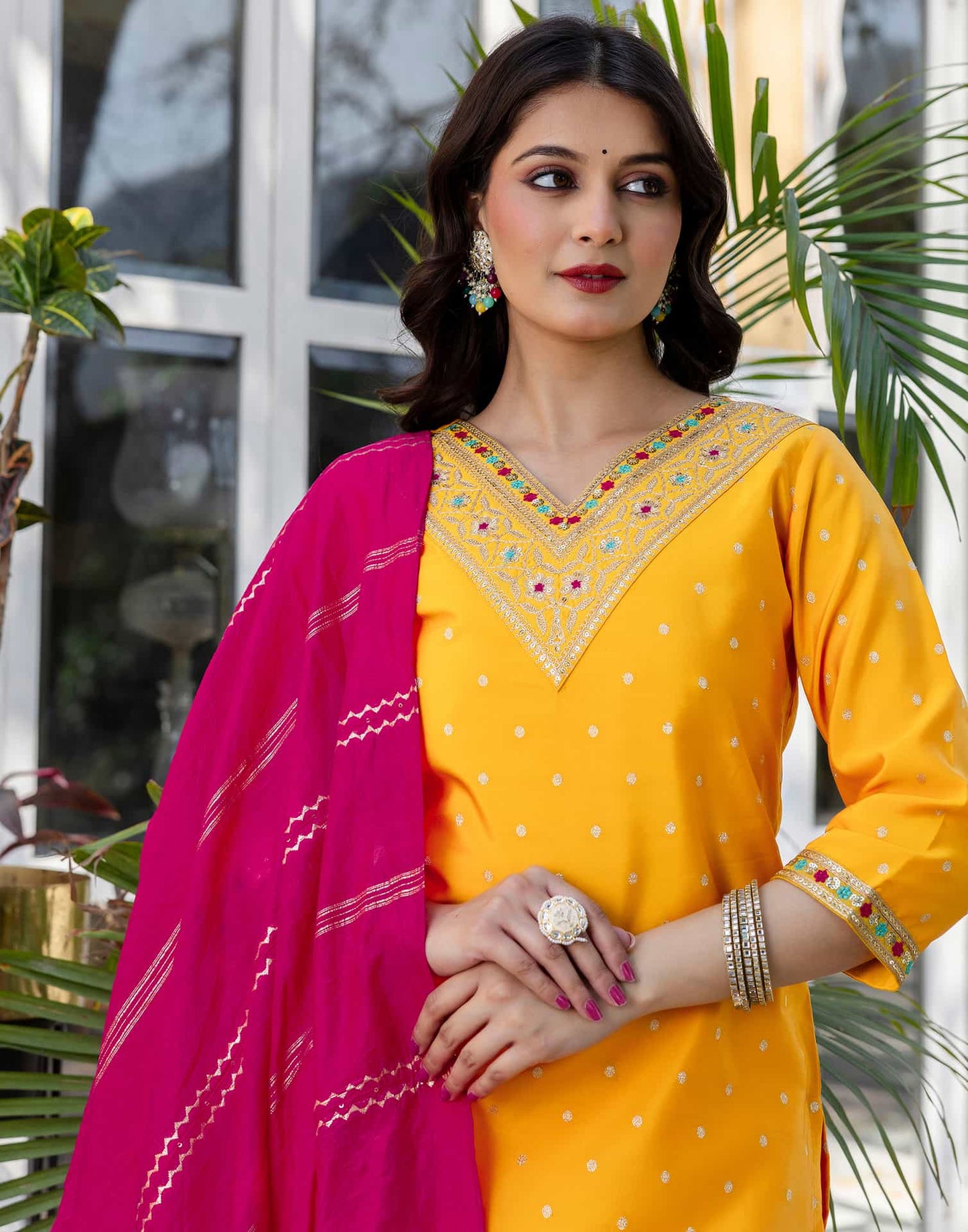 Silk Blend Embroidery and Sequins Work, Weaving, Lace Straight Kurta with Pant & Dupatta