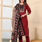 Maroon Cotton Printed Straight Kurta Set with Pant & Dupatta