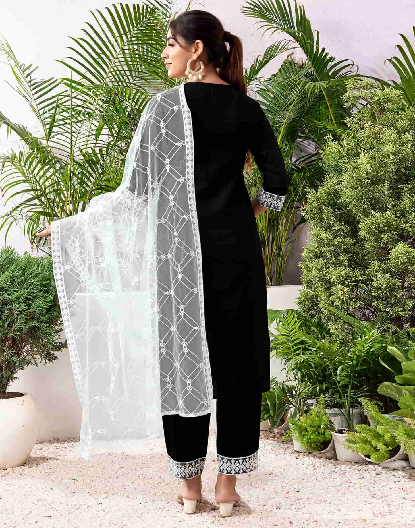 Cotton Blend Embroidered Straight Kurta with Pant & Dupatta
