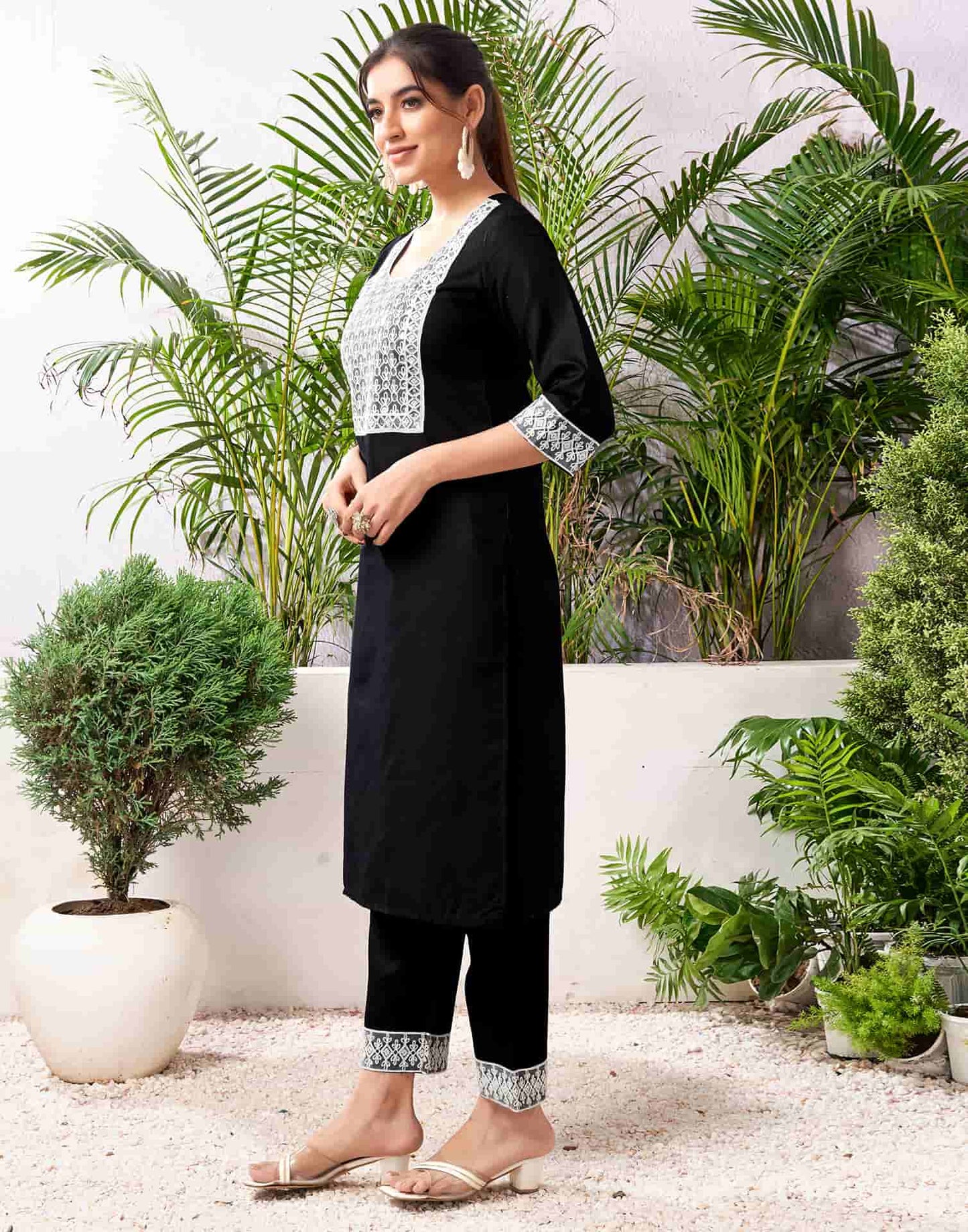 Cotton Blend Embroidered Straight Kurta with Pant & Dupatta