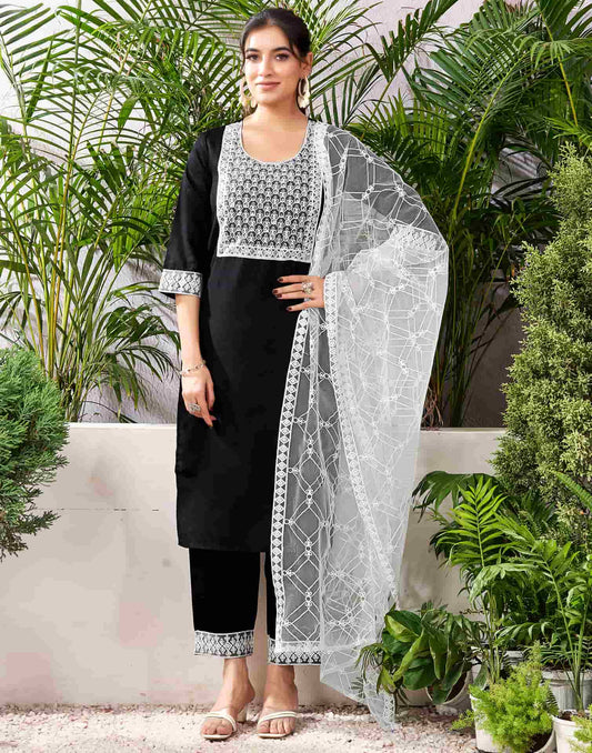 Cotton Blend Embroidered Straight Kurta with Pant & Dupatta