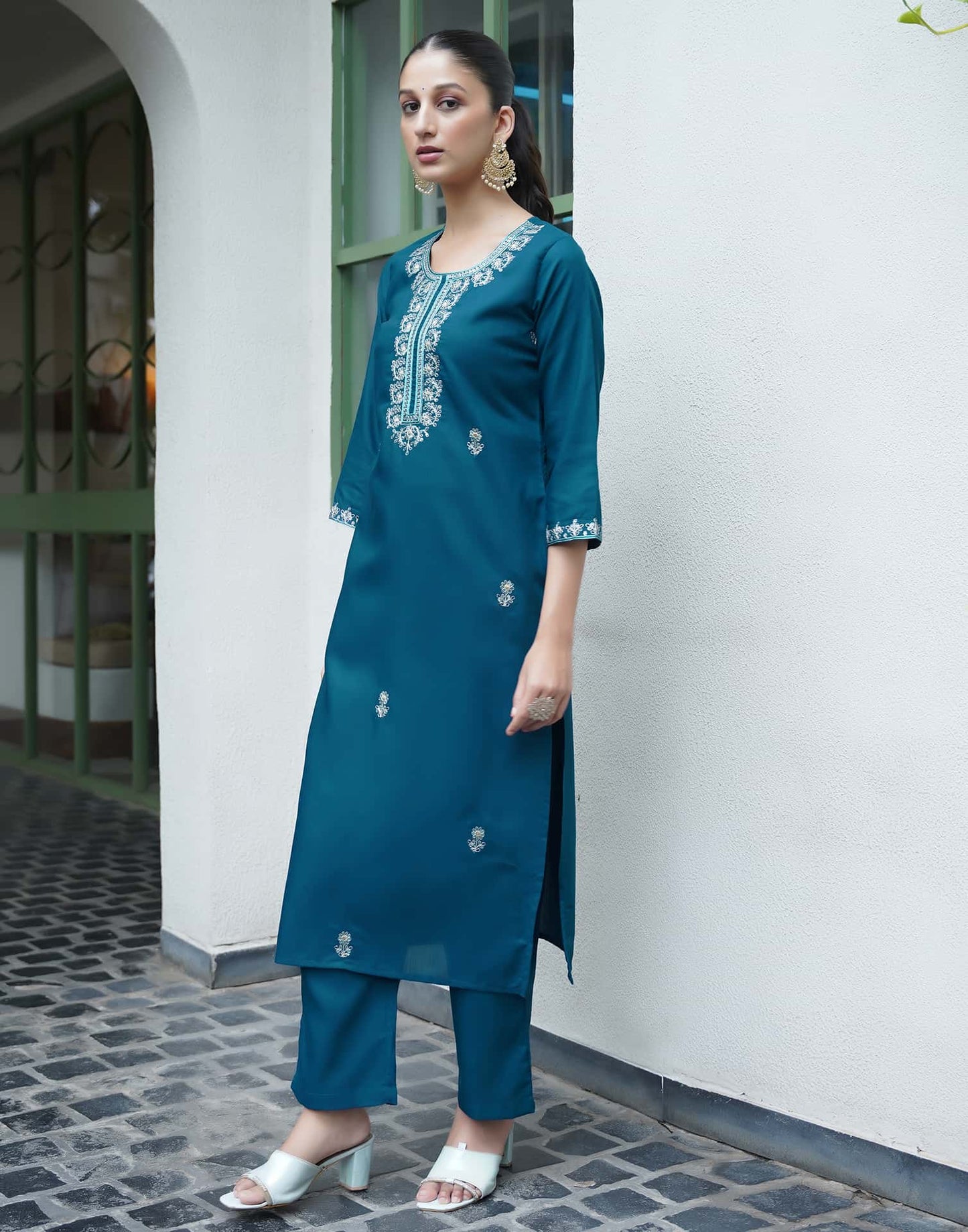 Cotton Blend Embroidered Straight Kurta with Pant & Dupatta