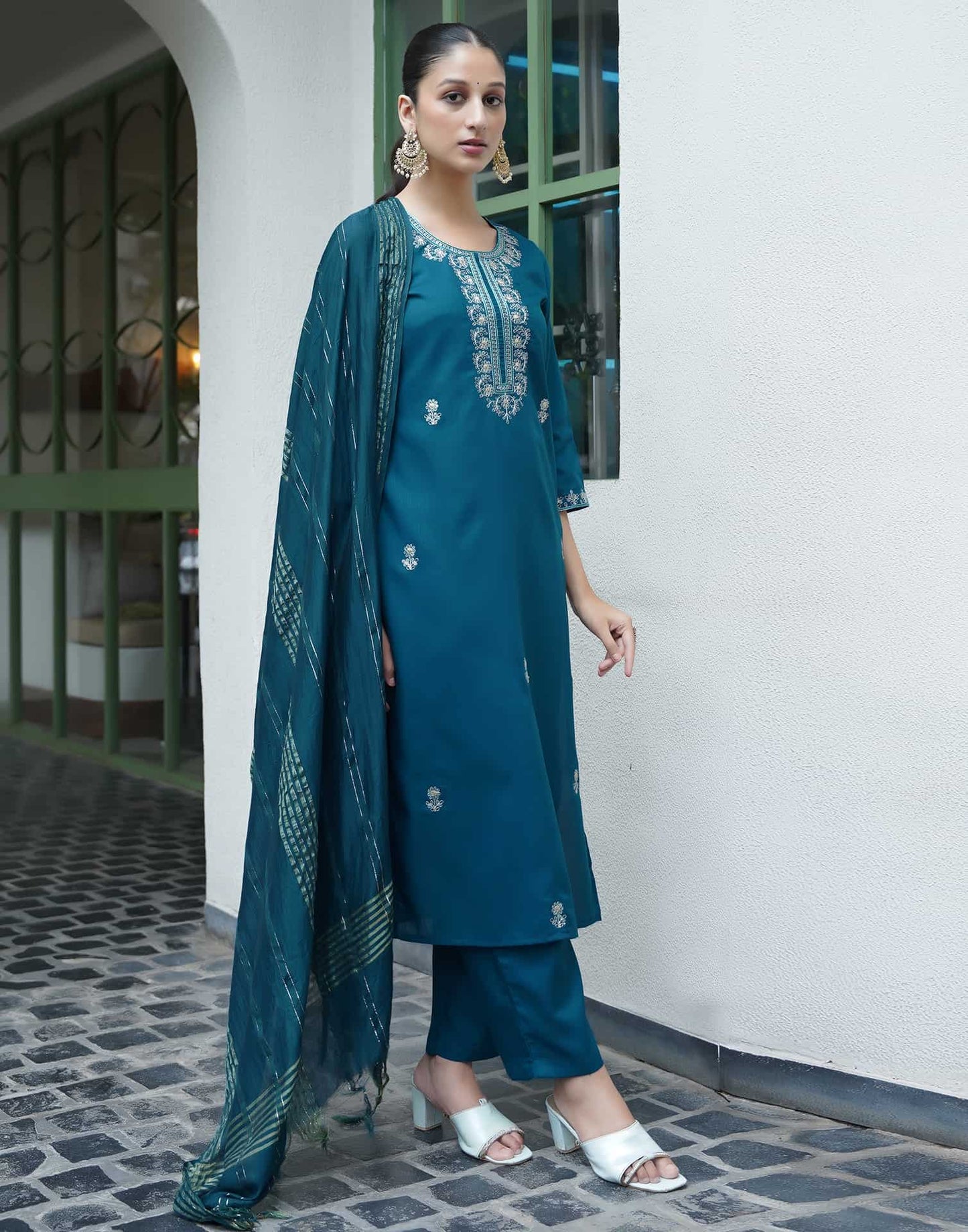 Cotton Blend Embroidered Straight Kurta with Pant & Dupatta
