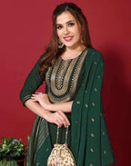 Skylee Poly Chinnon Embroidered Straight 3 Piece Kurta Set For Woman