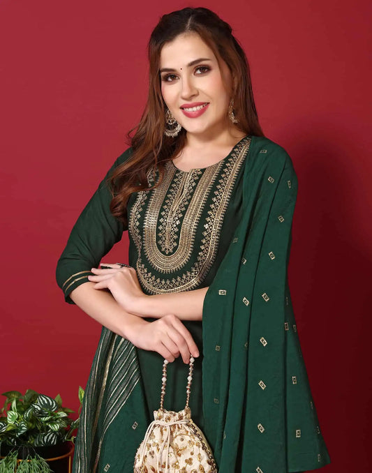 Green Cotton Embroidered Straight Kurta Set with Pant & Dupatta