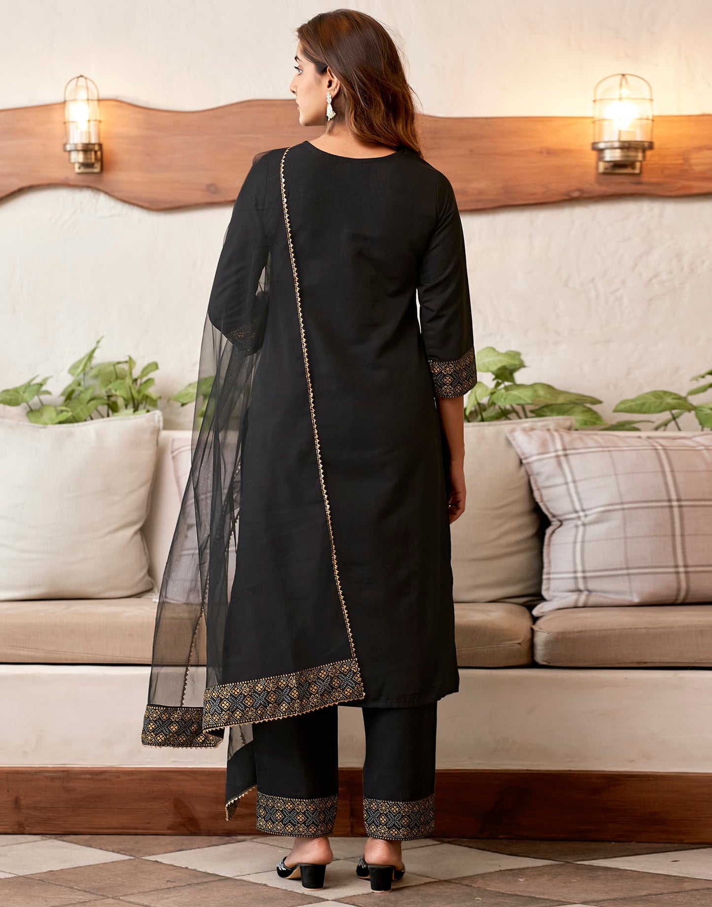 Cotton Blend Sequence Embroidery, Foil Print and Gota Lace Straight Kurta with Pant & Dupatta