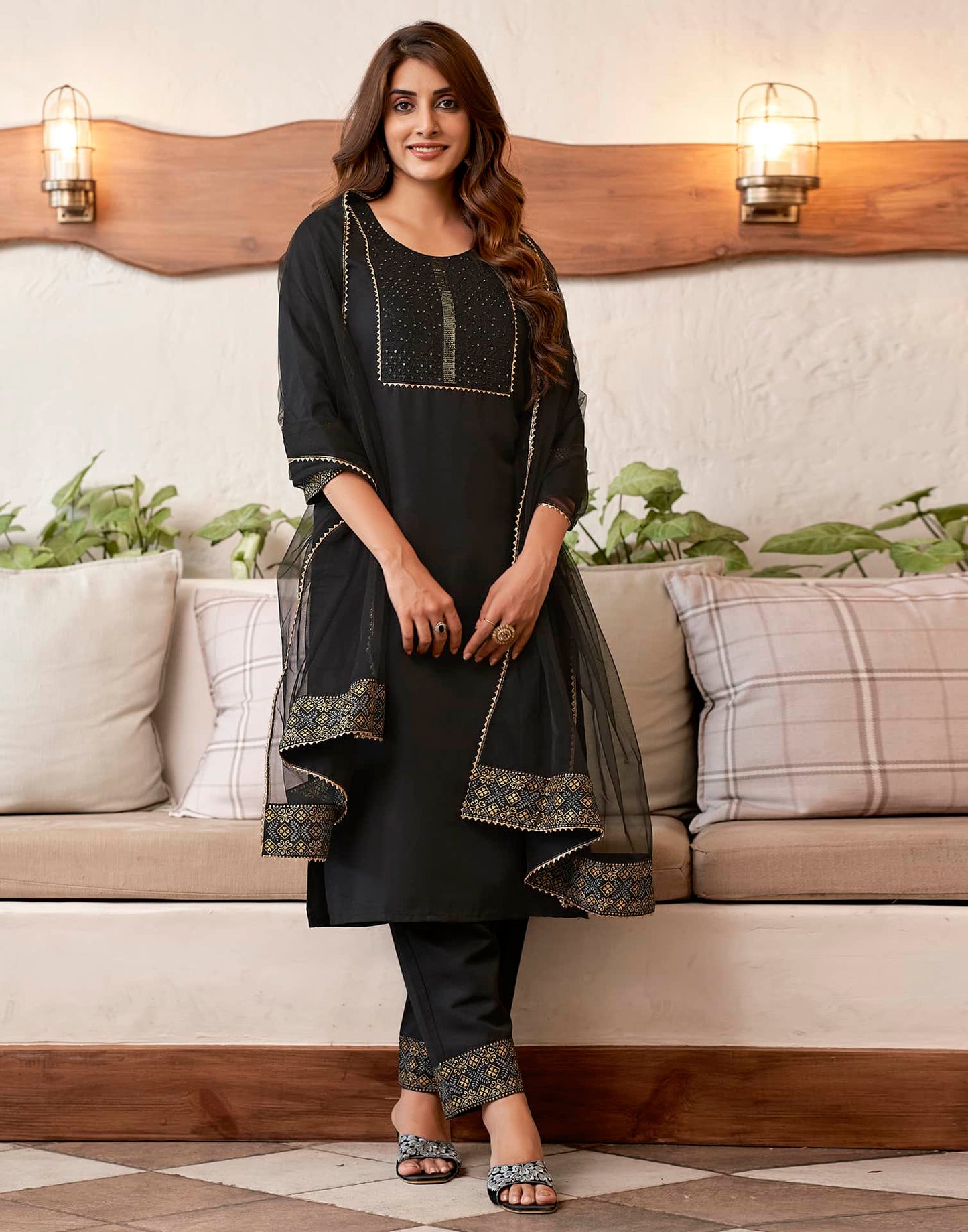 Cotton Blend Sequence Embroidery, Foil Print and Gota Lace Straight Kurta with Pant & Dupatta