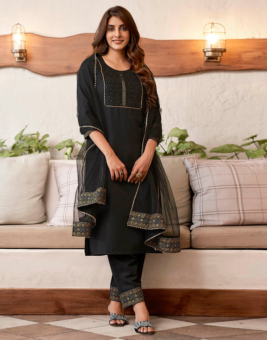Cotton Blend Sequence Embroidery, Foil Print and Gota Lace Straight Kurta with Pant & Dupatta