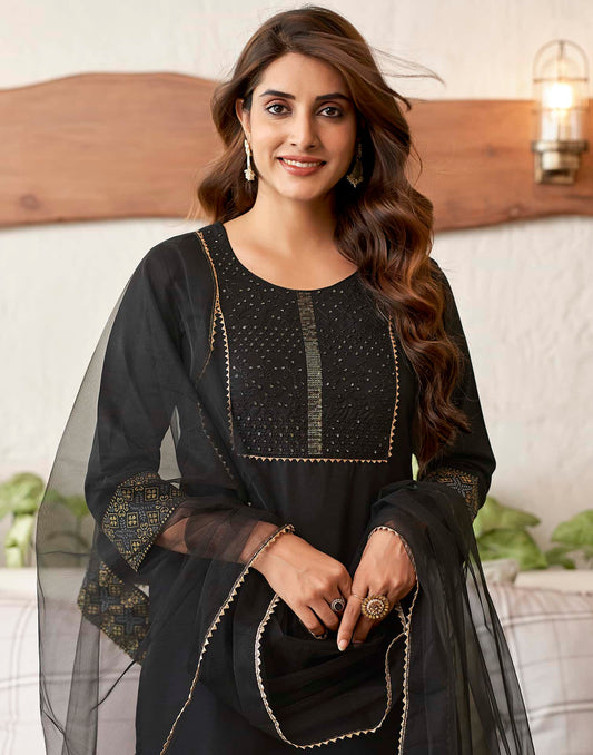 Cotton Blend Sequence Embroidery, Foil Print and Gota Lace Straight Kurta with Pant & Dupatta