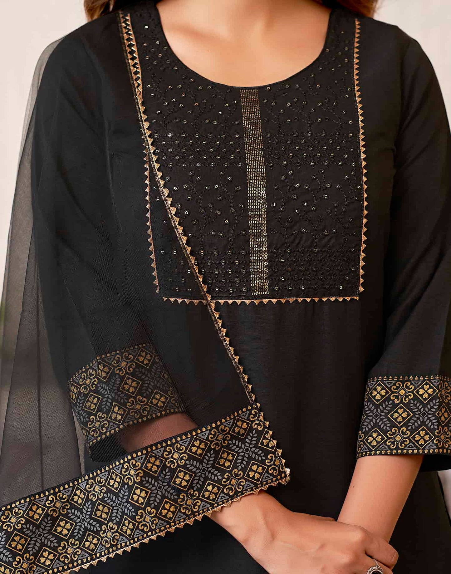 Cotton Blend Sequence Embroidery, Foil Print and Gota Lace Straight Kurta with Pant & Dupatta