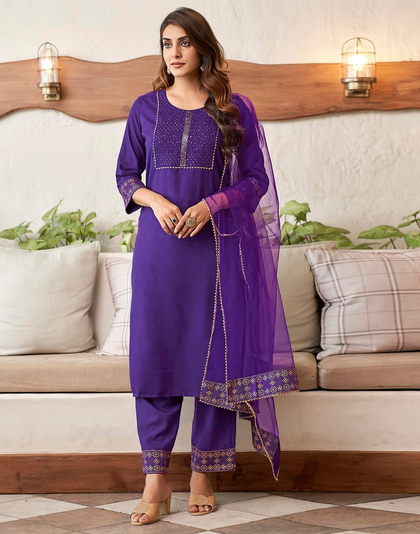 Cotton Blend Sequence Embroidery, Foil Print and Gota Lace Straight Kurta with Pant & Dupatta