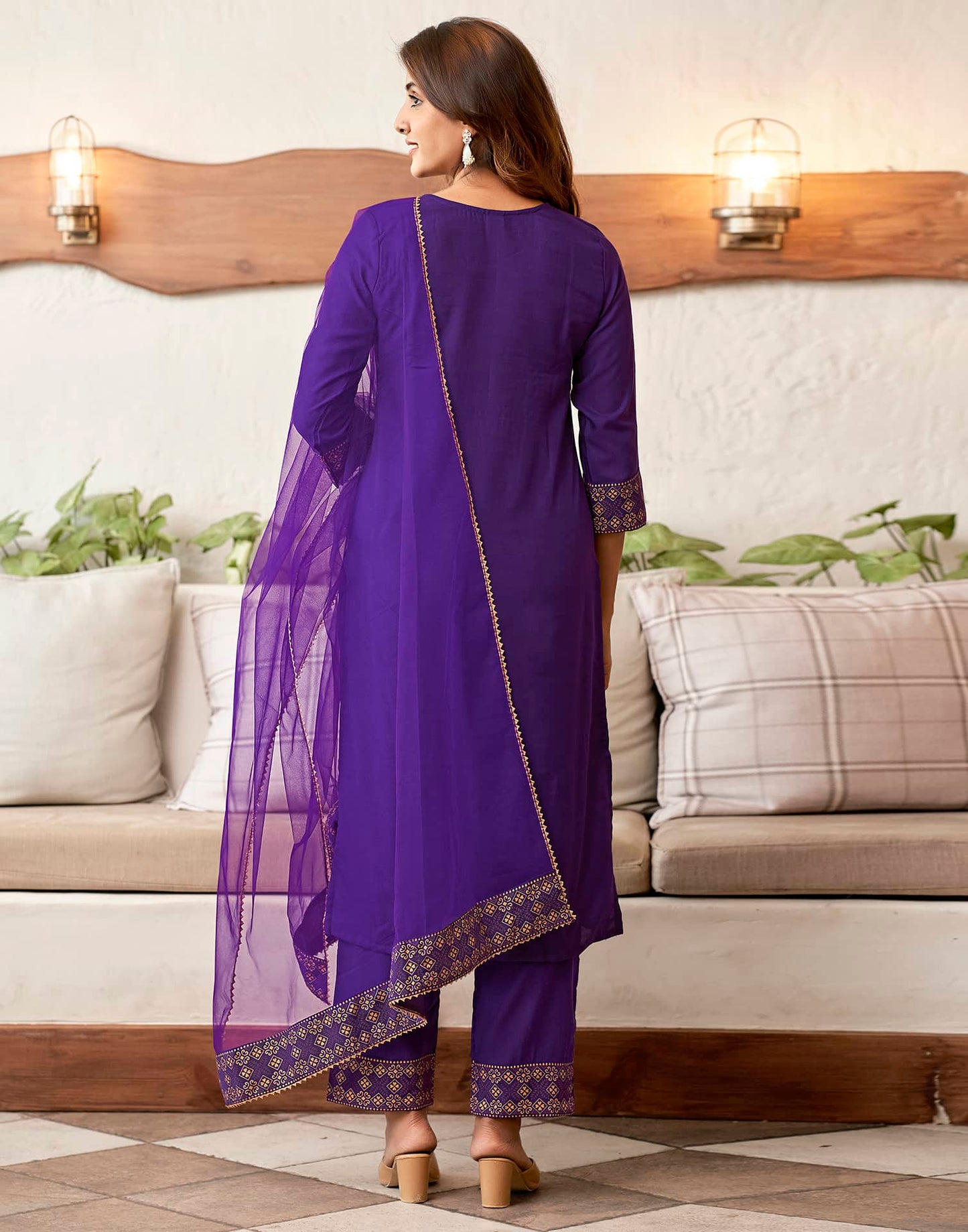 Cotton Blend Sequence Embroidery, Foil Print and Gota Lace Straight Kurta with Pant & Dupatta