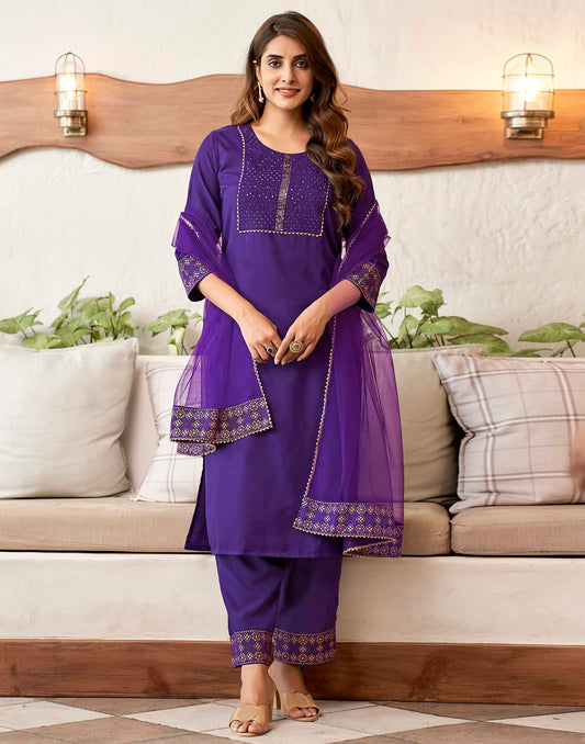 Cotton Blend Sequence Embroidery, Foil Print and Gota Lace Straight Kurta with Pant & Dupatta