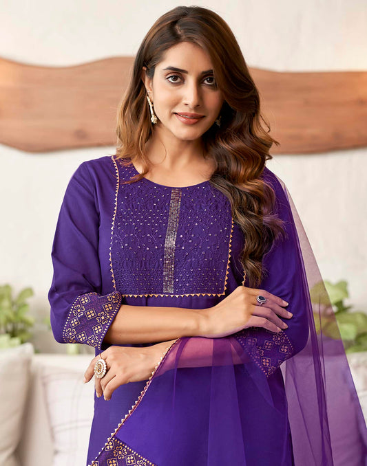 Cotton Blend Sequence Embroidery, Foil Print and Gota Lace Straight Kurta with Pant & Dupatta