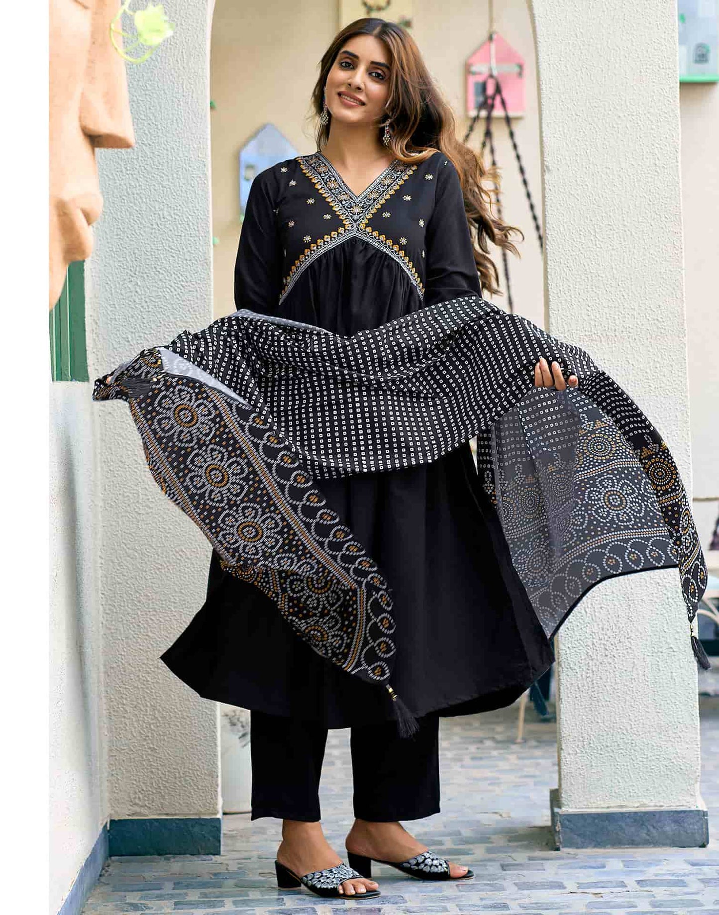Cotton Blend Embroidered A-Line Kurta with Pant & Dupatta