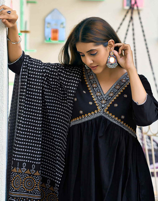 Cotton Blend Embroidered A-Line Kurta with Pant & Dupatta