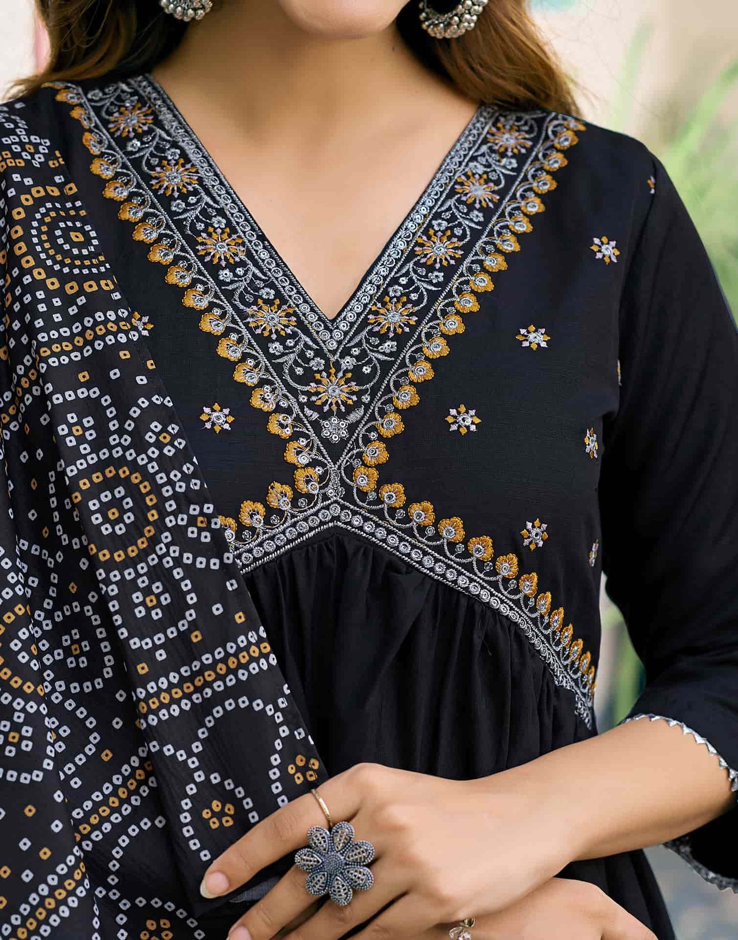 Cotton Blend Embroidered A-Line Kurta with Pant & Dupatta