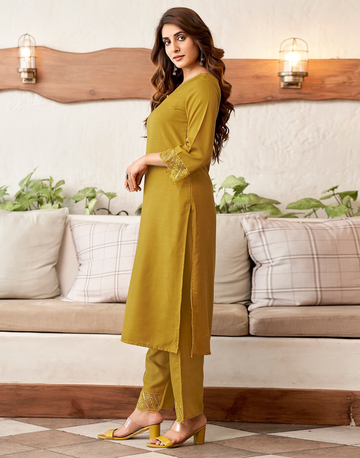 Cotton Blend Sequence Embroidery and Lace Straight Kurta with Pant & Dupatta