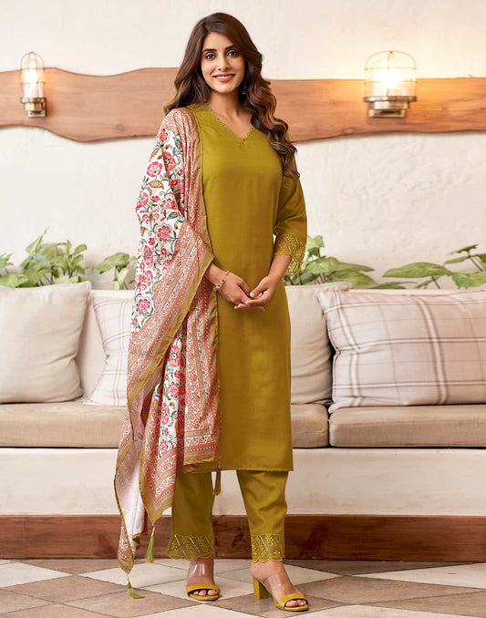 Cotton Blend Sequence Embroidery and Lace Straight Kurta with Pant & Dupatta