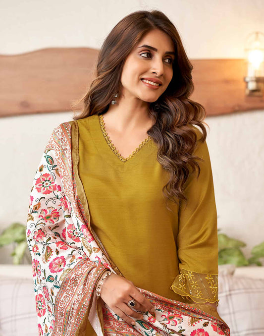 Cotton Blend Sequence Embroidery and Lace Straight Kurta with Pant & Dupatta