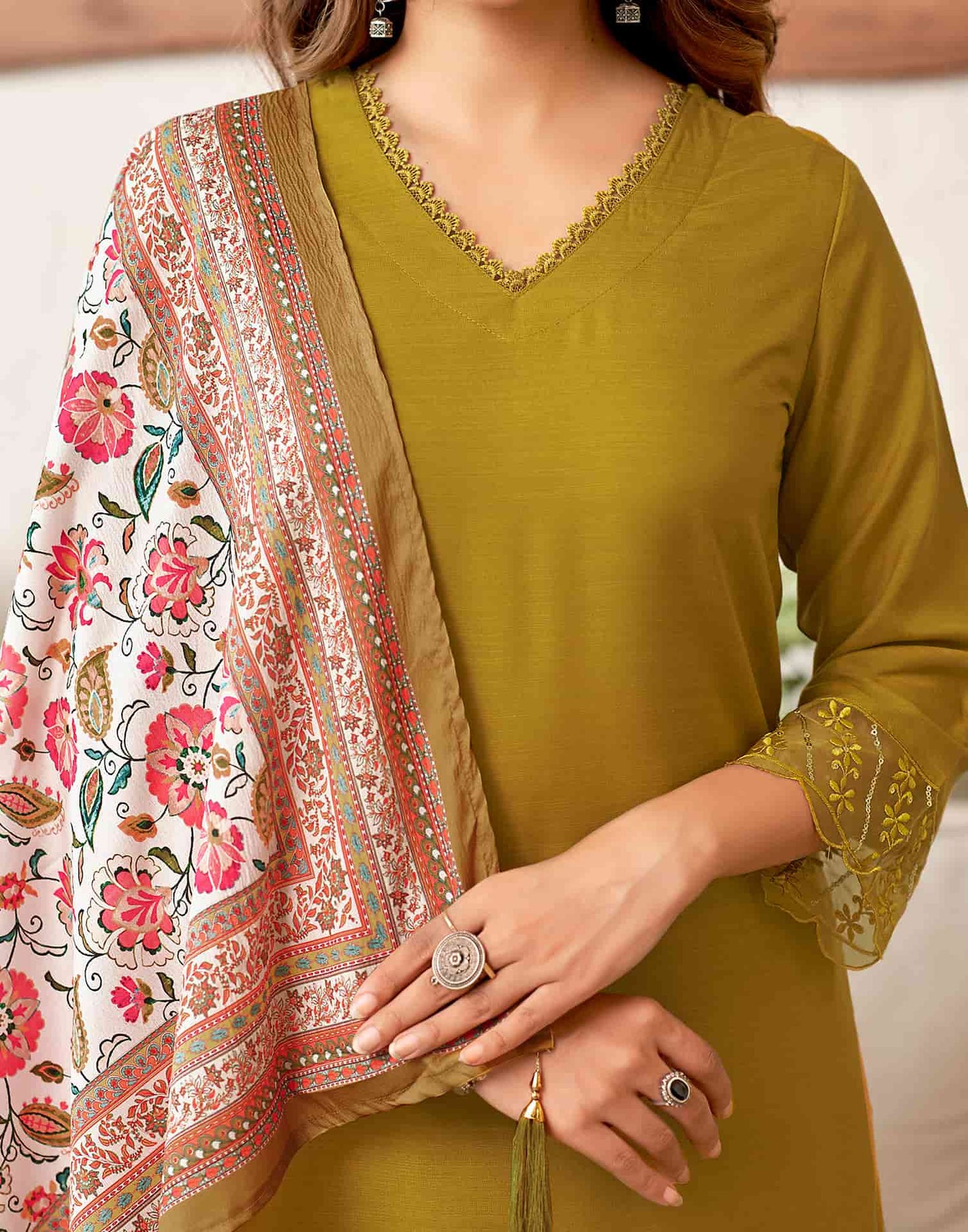 Cotton Blend Sequence Embroidery and Lace Straight Kurta with Pant & Dupatta