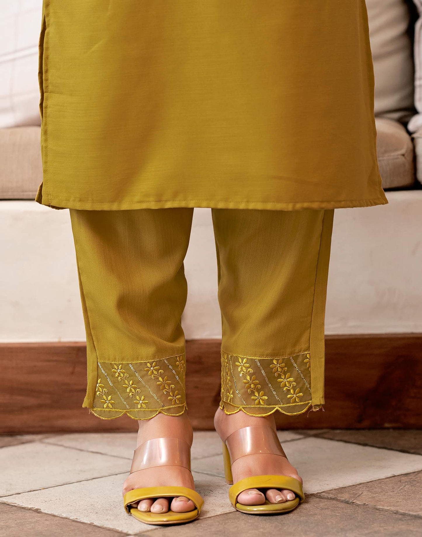 Cotton Blend Sequence Embroidery and Lace Straight Kurta with Pant & Dupatta