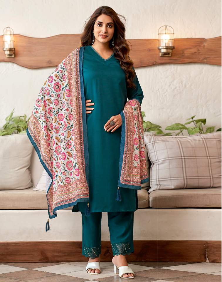 Rama Blue Silk Plain V Neck 3/4 Sleeve Straight Kurta Set With Pant & Dupatta