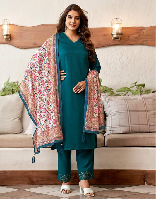 Rama Blue Silk Plain V Neck 3/4 Sleeve Straight Kurta Set With Pant & Dupatta