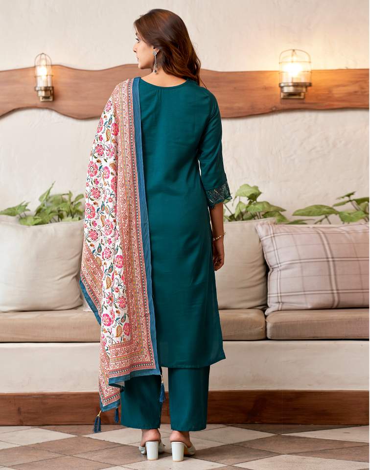 Rama Blue Silk Plain V Neck 3/4 Sleeve Straight Kurta Set With Pant & Dupatta