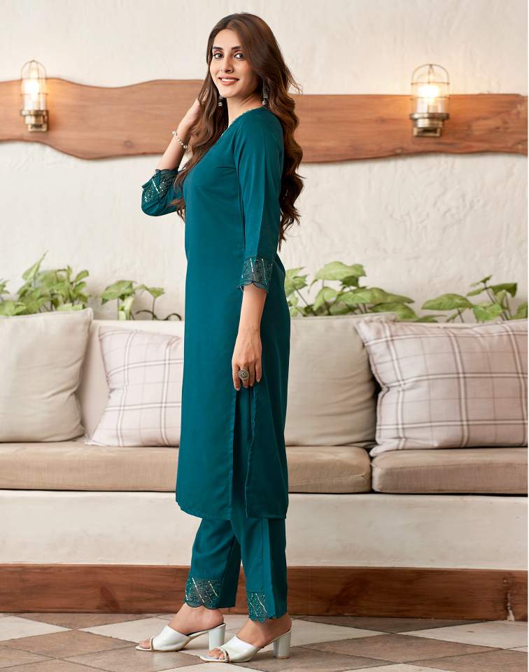 Rama Blue Silk Plain V Neck 3/4 Sleeve Straight Kurta Set With Pant & Dupatta