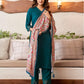 Rama Blue Silk Plain V Neck 3/4 Sleeve Straight Kurta Set With Pant & Dupatta