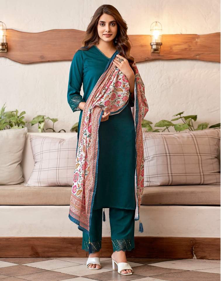 Rama Blue Silk Plain V Neck 3/4 Sleeve Straight Kurta Set With Pant & Dupatta
