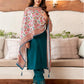 Rama Blue Silk Plain V Neck 3/4 Sleeve Straight Kurta Set With Pant & Dupatta