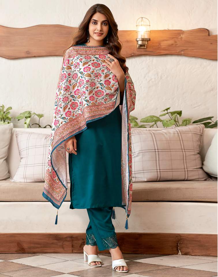 Rama Blue Silk Plain V Neck 3/4 Sleeve Straight Kurta Set With Pant & Dupatta
