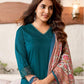 Rama Blue Silk Plain V Neck 3/4 Sleeve Straight Kurta Set With Pant & Dupatta