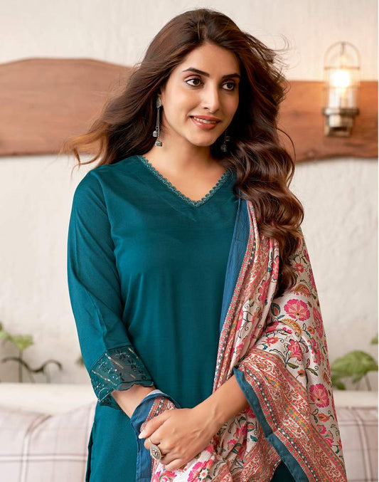 Rama Blue Silk Plain V Neck 3/4 Sleeve Straight Kurta Set With Pant & Dupatta
