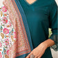 Rama Blue Silk Plain V Neck 3/4 Sleeve Straight Kurta Set With Pant & Dupatta