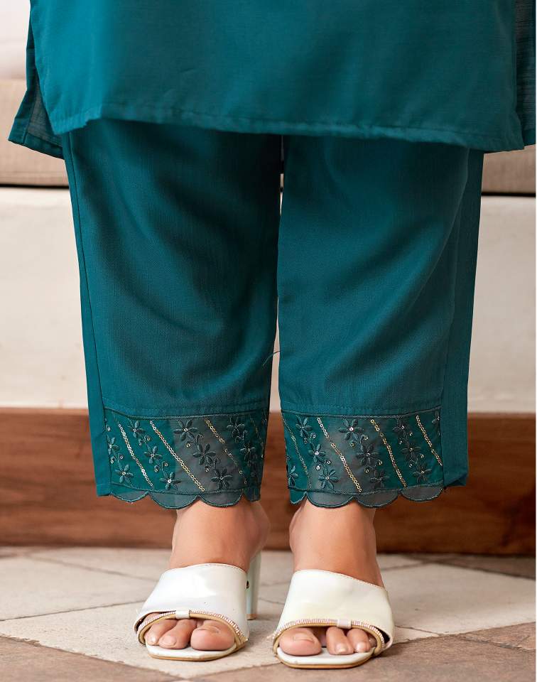 Rama Blue Silk Plain V Neck 3/4 Sleeve Straight Kurta Set With Pant & Dupatta