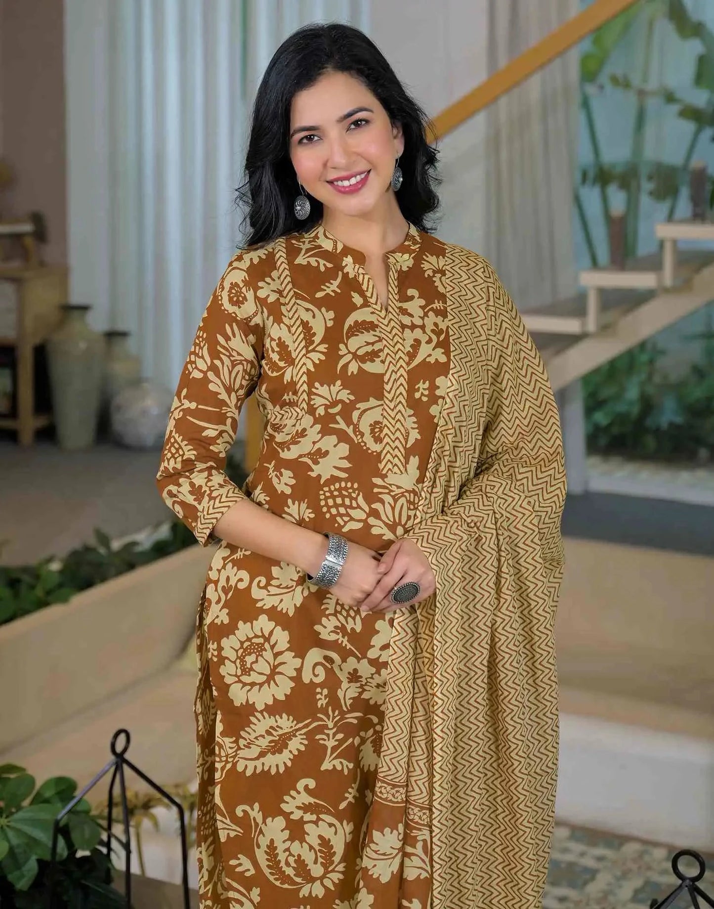 Cotton Printed Straight Mandarin Collar Kurta with Pant & Dupatta