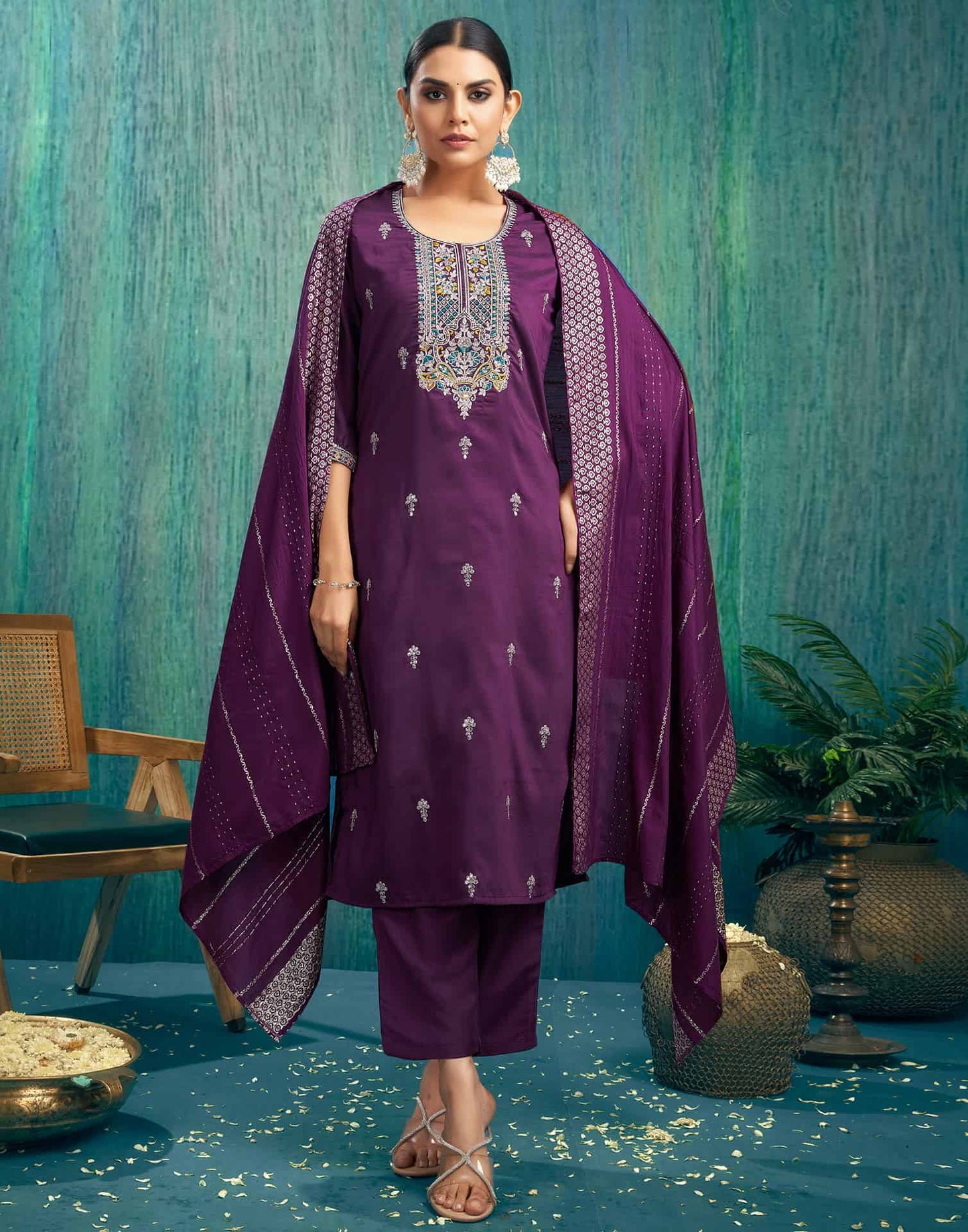 Silk Blend Embroidered Straight Kurta with Pant & Dupatta