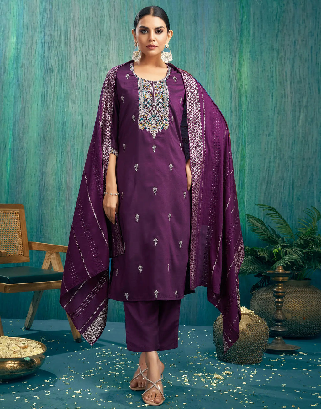 Silk Blend Embroidered Straight 3 Piece Kurta Set