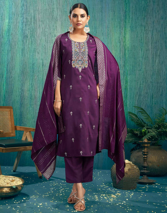 Silk Blend Embroidered Straight Kurta with Pant & Dupatta