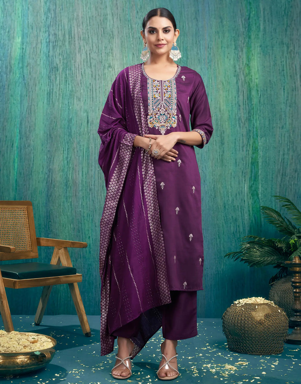 Silk Blend Embroidered Straight 3 Piece Kurta Set