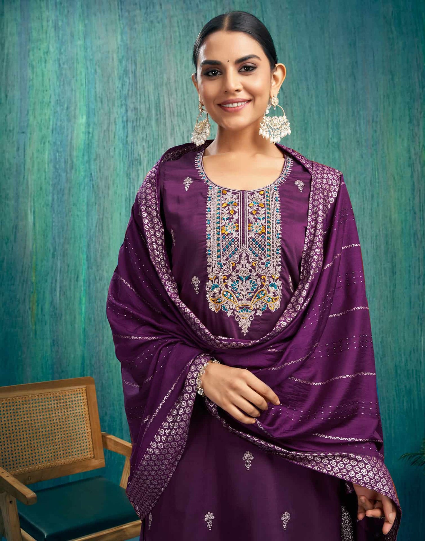 Silk Blend Embroidered Straight Kurta with Pant & Dupatta