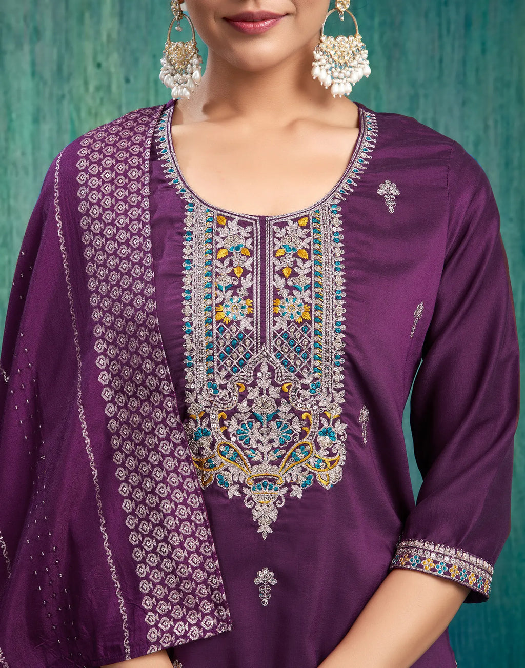 Silk Blend Embroidered Straight 3 Piece Kurta Set