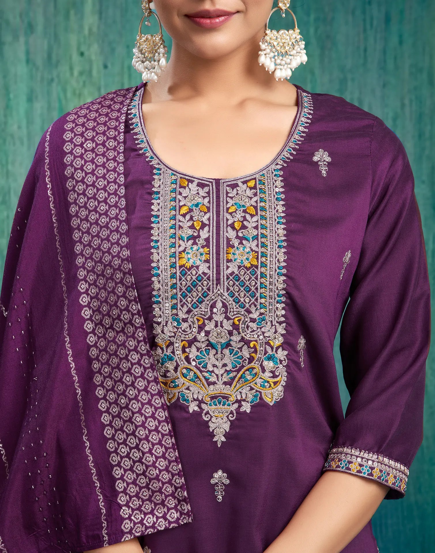 Silk Blend Embroidered Straight 3 Piece Kurta Set